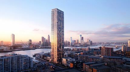 Modern Skyscraper Overlooking London River at Sunset