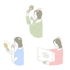 薄毛や抜け毛の悩み持つ女性のイラストセット
