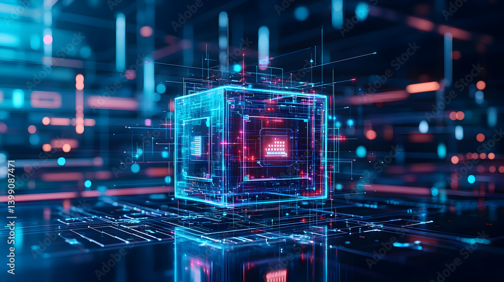 Poster abstract glowing digital cube in technological space