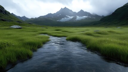Lush alpine meadow with a stream flowing through