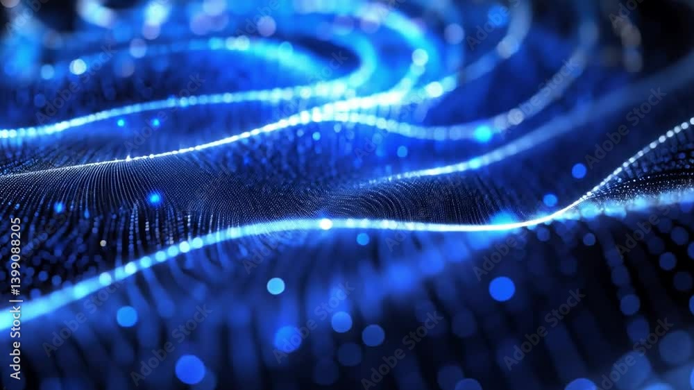 Poster mesmerizing abstract digital artwork featuring glowing blue waves and shimmering particles, creating