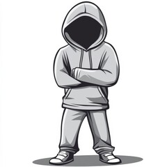 Obraz premium Person in hooded sweatshirt with crossed arms, face hidden. Cartoon rendering on white background, with light shadows. 