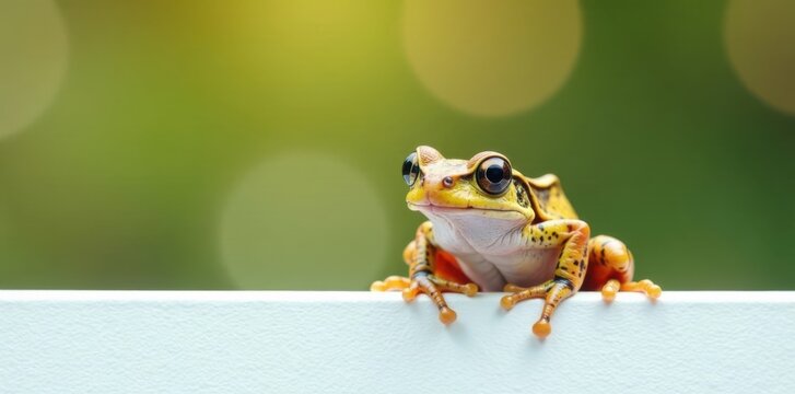 Le grenouille pose sur le panneau blanc avec pr?caution, greenish skin, fleur