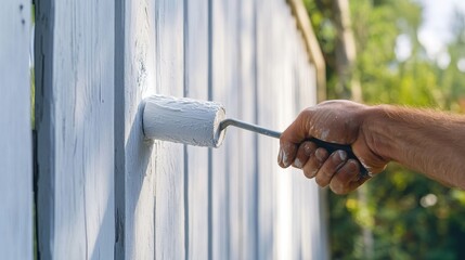 A painter applying a fresh coat of white paint to a wooden fence. Featuring precision and focus
