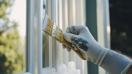 A painter applying exterior paint to a house window frame. Featuring focus and attention to detail