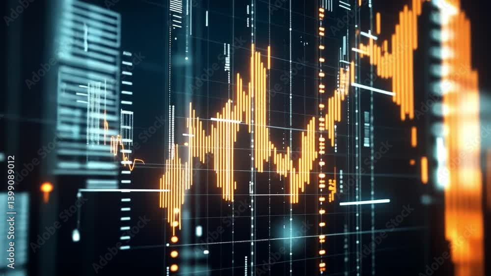 Poster visualizing stock market trends dynamic financial data analysis with glowing charts and graphs, show