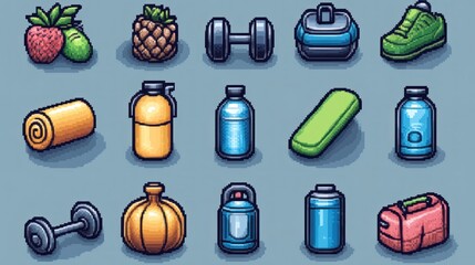 Obraz premium Pixel Art Fitness and Outdoor Gear Collection