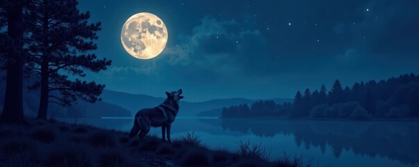 Fototapeta premium Full moon night landscape with a lone wolf howling at the edge of forest , landscape, animal