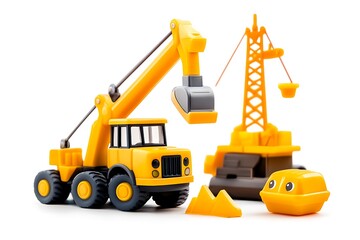Construction Toy Set with Yellow Crane and Excavator on White Background for Kids Playtime