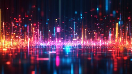 Abstract digital landscape with glowing lines squares and vibrant colorful light effects.