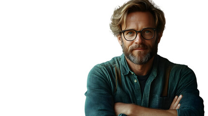 Obraz premium Confident Man with Glasses and Beard Wearing a Denim Shirt Arms Crossed Ideal for Business L