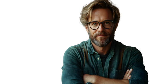 Confident Man with Glasses and Beard Wearing a Denim Shirt Arms Crossed Ideal for Business L