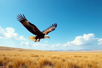 Obraz premium Majestic eagle soars above vast open plain under bright blue sky with few thin white clouds, bird, wildlife