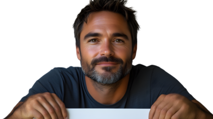Confident Man with Beard Wearing Casual TShirt Hands Resting on Surface Ideal for Business