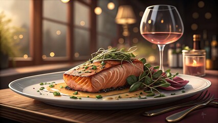 Pan seared salmon dinner romantic ambiance warm lighting elegant plate gourmet food