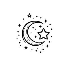 Hand-Drawn Moon and Star Celestial Illustration - Black and White