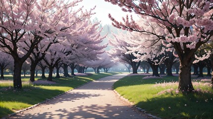 Obraz premium 春の風に揺れる桜並木と曲がりくねった小道 
