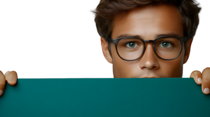 Curious Individual Peering Over a Green Panel with Glasses Expressive Eyes and Engaging Pose