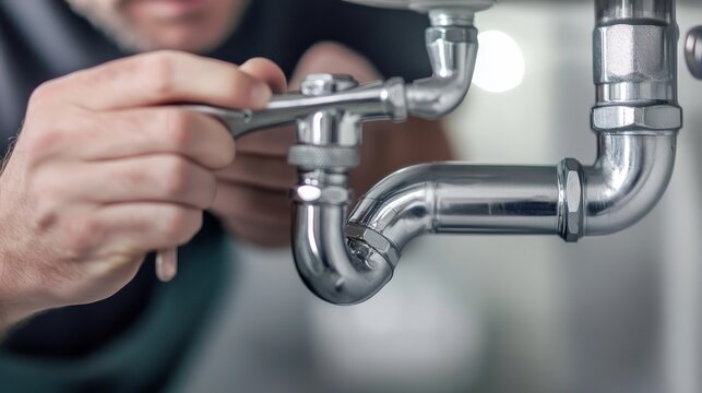 A plumber fixing pipes under a sink. Featuring expertise and care