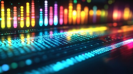 Fototapeta premium Colorful abstract digital equalizer graphic with reflections and blurred background.
