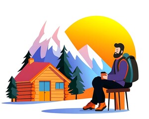 Peaceful Mountain Retreat with Man Sitting by Cabin While Enjoying Coffee and Scenic View