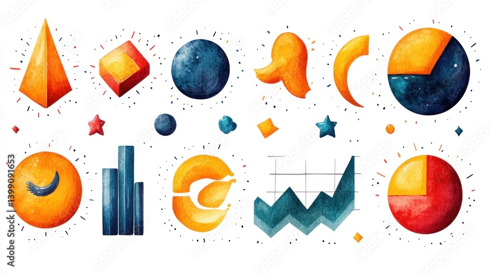 Poster abstract watercolor charts and geometric shapes: a vibrant collection of data visualization elements