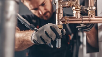A plumber installing pipes in a residential building. Featuring skill and precision