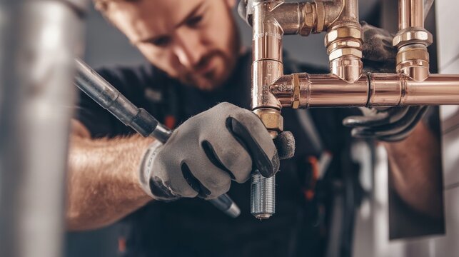 A plumber installing pipes in a residential building. Featuring skill and precision