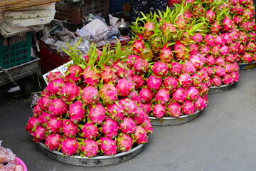 Fresh dragon fruit for sale at a local market in Vietnam