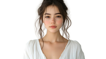 Elegant Portrait of a Woman in White Blouse with Soft Lighting and Detailed Features