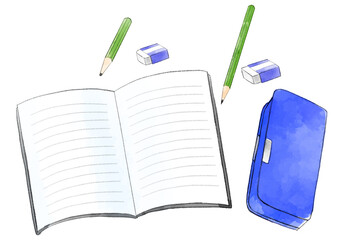 筆箱と鉛筆とノートのイラスト　手描き　水彩風