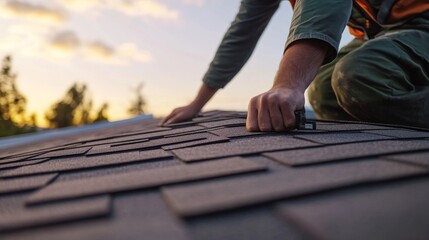 A roofer fixing shingles on a roof at sunrise. Featuring attention to detail and focus