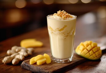 Refreshing Mango Ginger Smoothie with Creamy Texture and Toppings on Rustic Wooden Table with Fresh Ingredients in Background