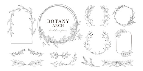 Set of flowers. Botanical frames and borders. Vector. Elements for decoration. Hand drawn leaves. Wedding label. Invitations. Wreath. Minimal style. Branches and herbs. Boho