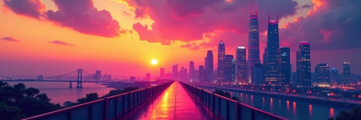 Modern trifold brochure with bold fonts and bright colors, featuring a futuristic cityscape at sunset, urban landscape, business