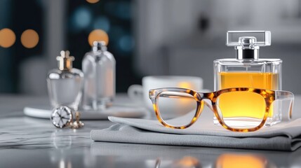 Elegant glasses and fragrance bottles displayed on table indoor setting product photography lifestyle modern aesthetic