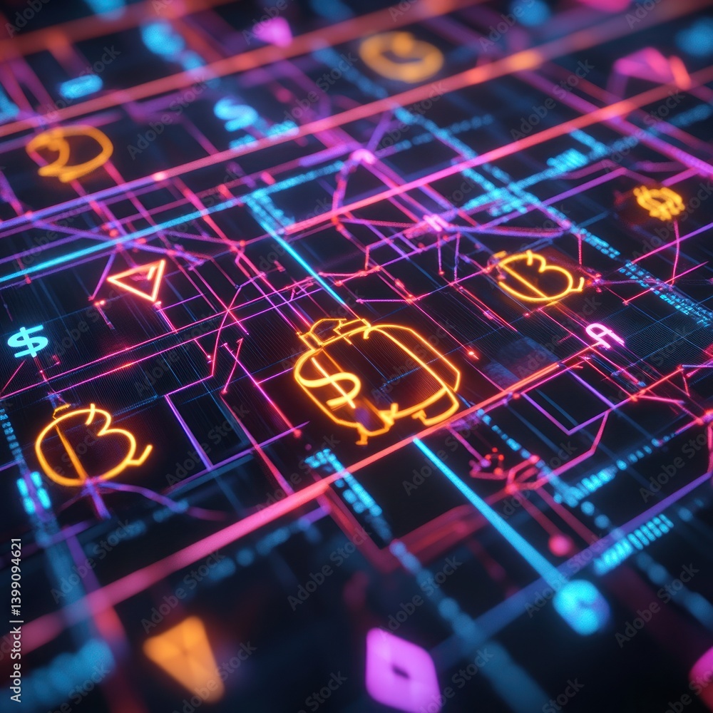 Poster a digital representation of financial transactions and interconnected networks.