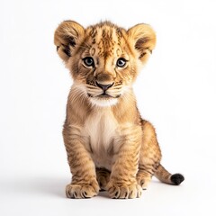 Fototapeta premium Adorable lion cub portrait: A captivating close-up showcases the innocence and charm of a young king of the jungle, radiating pure delight.