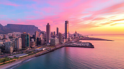 Obraz premium Coastal City Skyline At Sunset Panorama