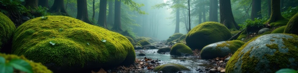 Fototapeta premium Moss-covered boulders in a misty forest, earthy, nature
