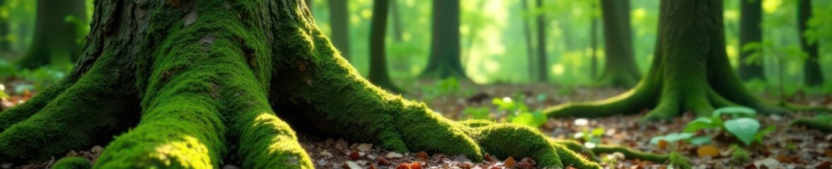 Moss covered wooden tree trunk on forest floor,  rich tones,  organic materials