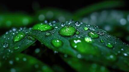 Close-up view of fresh green leaves covered in glistening water droplets