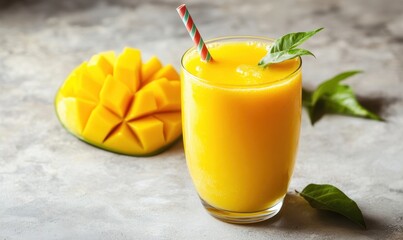 Refreshing Mango Smoothie with Fresh Basil Garnish and Colorful Straw Against a Gray Background