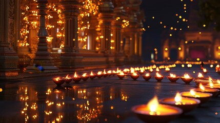 Beautiful rows of glowing diyas illuminate a dark reflective surface