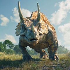 Fototapeta premium Majestic Dinosaur: A horned giant approaches across a sunlit, grassy plain beneath a bright sky with fluffy clouds.