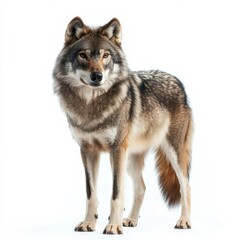 Fototapeta premium Stately wolf portrait on white. Details the wolf's beautiful fur, face, and intelligent gaze. The animal appears strong and watchful. 