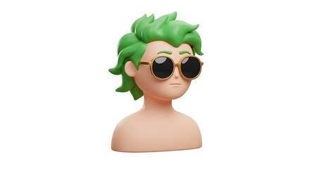 Stylized 3D Character Bust with Green Hair and Round Sunglasses Isolated