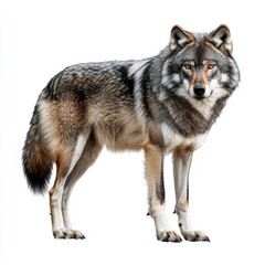 Fototapeta premium Gray Wolf Standing Portrait: A majestic gray wolf stands alert, its fur a mix of gray, brown, and white, on a plain white background.
