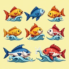 Naklejka premium Icon set of different types of fish in ocean waves, fish, aquatic