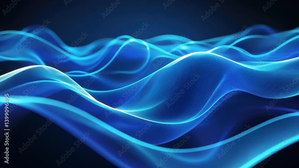Poster mesmerizing abstract blue waves flowing with smooth dynamic curves and light patterns, creating tran